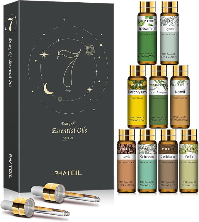PHATOIL 9PCS Premium Essential Oil Set - 10ML/0.33FL.OZ Fragrance Oils for Diffusers DIY Candle Soap Making, Long Lasting Scents, Ideal Gift Set for Friends and Families