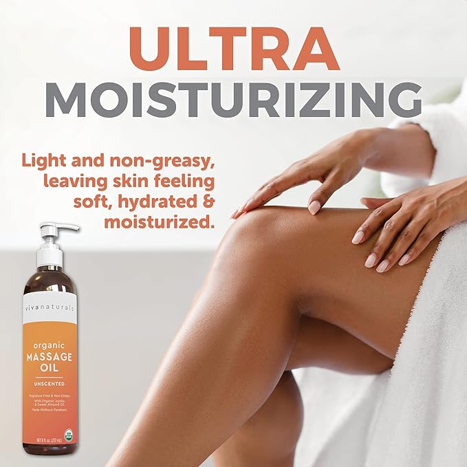 Viva Naturals Organic Massage Oil, Unscented, 8 fl oz (237 mL) – Non-Greasy, Certified Organic Massage Therapy Oils