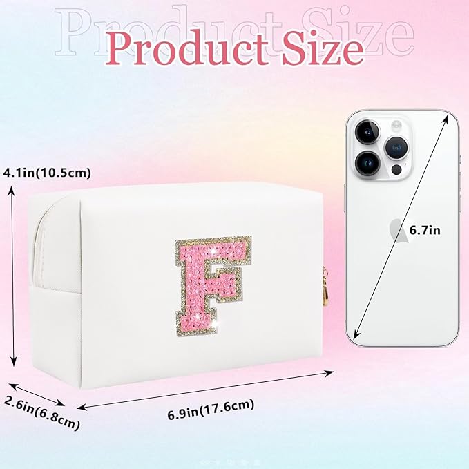 Glitter Initial Letter Makeup Bag, Small Personalized Sequins Letters PU Leather Cosmetic Bag Portable Waterproof Makeup Zipper Pouch, Shine Handbag Organizer Travel Bag Gifts for Women&Girls(White-F)