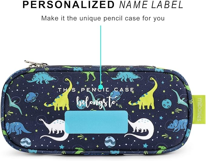 mibasies Boys Pencil Case for Kids, Multi-Slot Pencil Pouch, Galaxy Dinosaur Blue