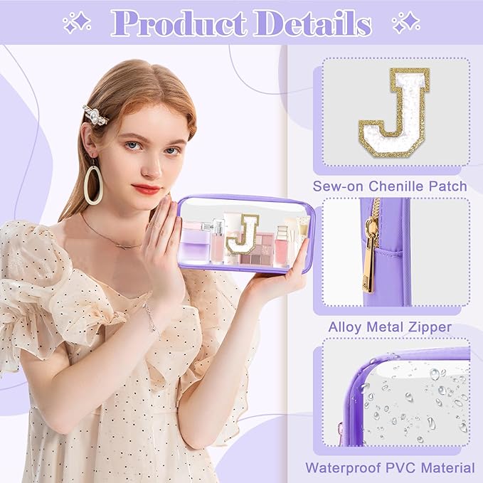 Personalized Initial Letter Clear Makeup Bag,Preppy Small Nylon&PVC Cosmetic Zipper Bag with Chenille Letter,Travel Skincare Toiletry Bag,Monogram Christmas Gift for Teen Girls Women,J