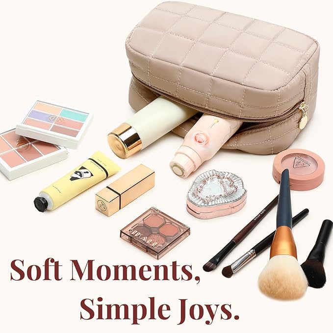 Makeup Bag for Women, Travel Cosmetic Bag Organizer with Compartments, Quilted Puffy Toiletry Pouch for Brushes, Essentials and Accessories, Camel
