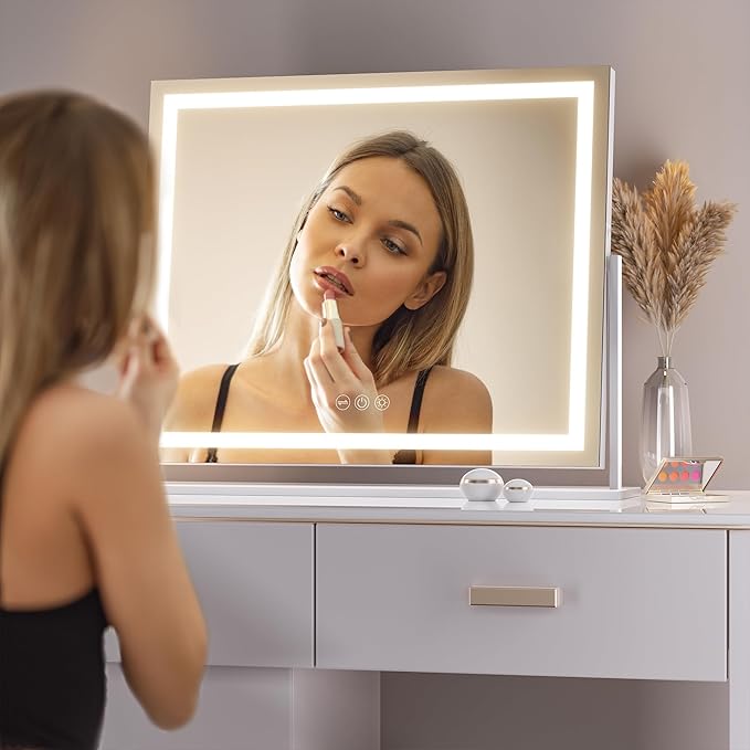 Hasipu Vanity Mirror with Lights, 23.6" x 18.1" LED Makeup Mirror, Light up Mirror with Smart Touch 3 Colors Dimmable, Brightness Adjustment, 360° Rotation (White)