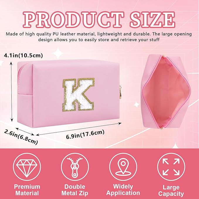 Personalized Initial Letter Patch Makeup Bag, Preppy Portable Chenille Cosmetic Bag with Zipper, PU Leather Waterproof Travel Toiletry Bag Monogram Make Up Pouch for Women Girls