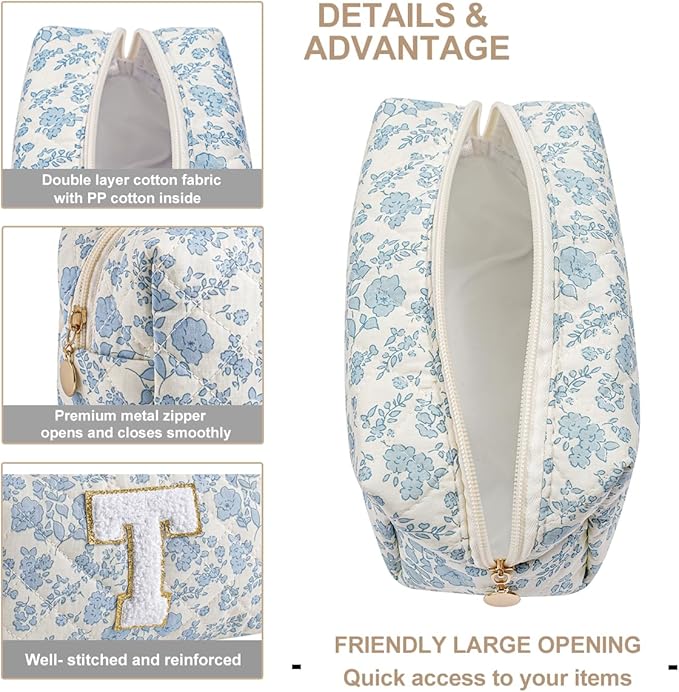 Gleyemor Personalized Initial Makeup Bag for Women, Cute Quilted Blue Floral Cotton Cosmetic Bag, Christmas Gifts for Her Mom Friend Sister Bridesmaid Teacher Women T
