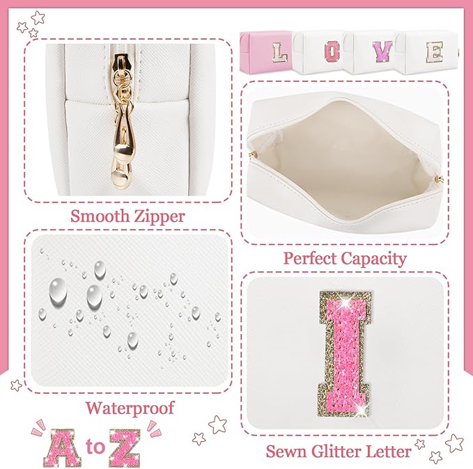 Initial Letter Patch Makeup Bag, Small Preppy A-Z Glitter Letter Cosmetic Bag, PU Leather Waterproof Travel Toiletry Bag, Cute Make Up Pouch Personalized Monogrammed Gift for Women Teen Girls