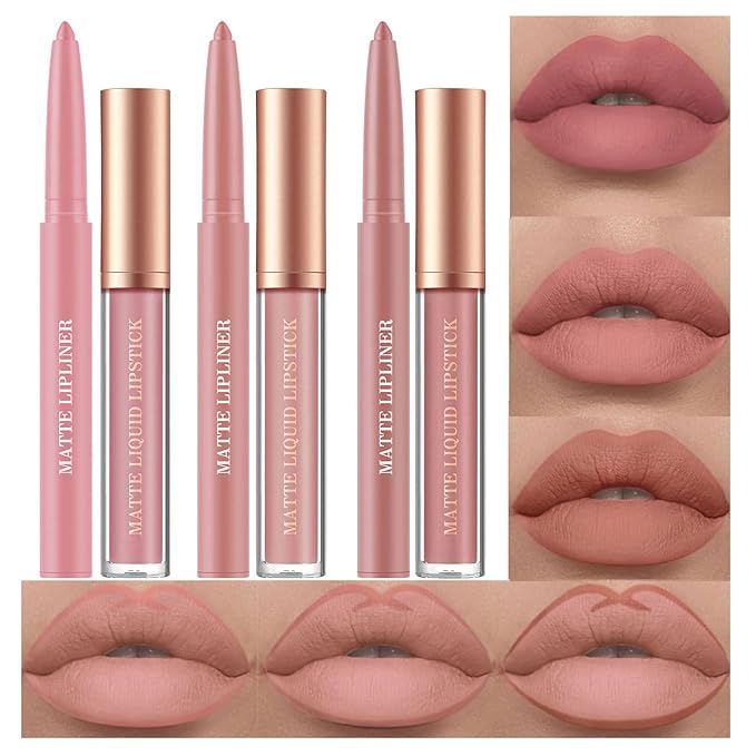 BestLand 6Pcs Matte Liquid Lipstick and Lip Liner Set, Non-Stick Cup Not Fade Waterproof 24 Hour Lip Gloss Nude Brown Lip Liner Pencil for Women, labiales mate 24 horas originales (Set E)