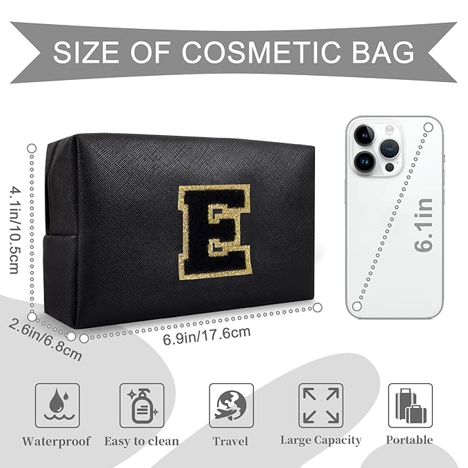 Personalized Initial A-Z Preppy Patch Makeup Bag,Small PU Chenille Letter Cosmetic Bag with Zipper for Teen Girls,Black Cute Toiletry Organizer Bag,Monogram Makeup Case Gift for Women Girls,Letter E