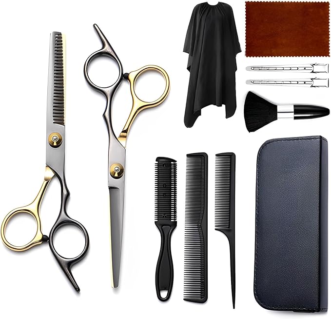 Hair Cutting Scissors Kit 11PCS, Professional Haircut Scissors with Japanese Stainless Steel Shears, Thinning Shears, Haircut Accessories in Leather Case for Salon/Home (Black - Gold)