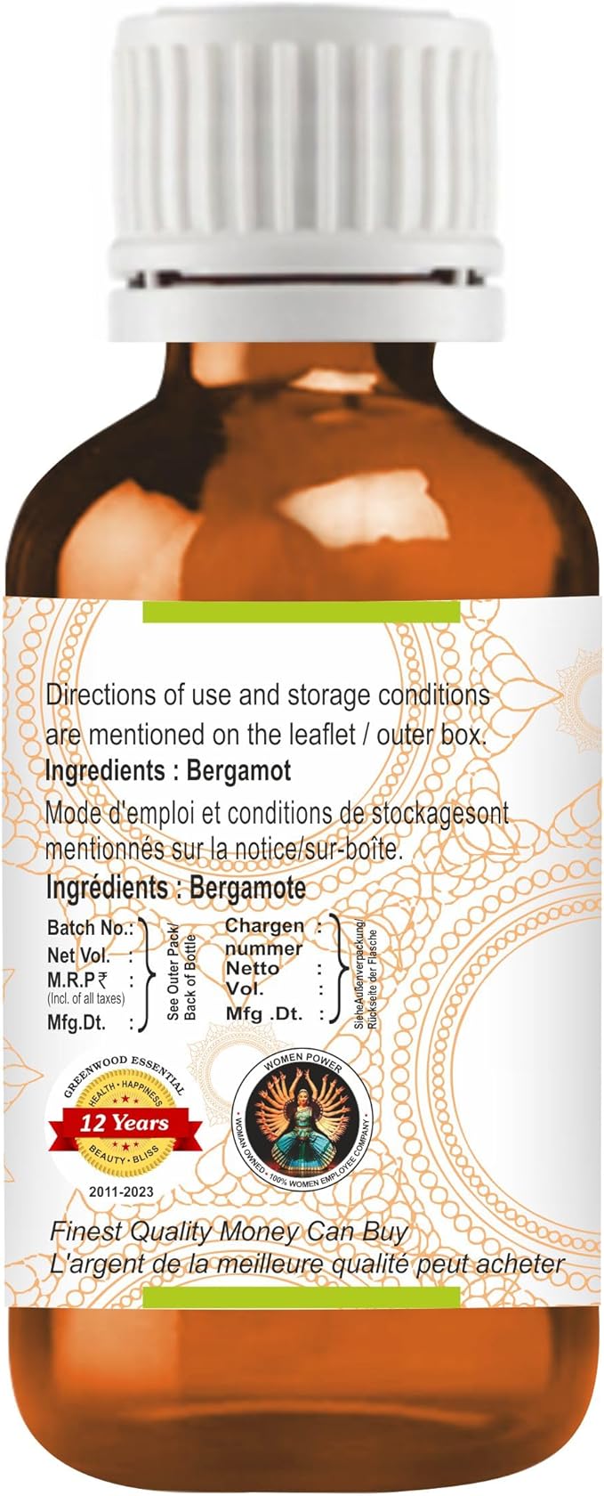 Greenwood Essential Pure Bergamot Essential Oil (Citrus bergamia) Steam Distilled (Pack of Five) 100ml X 5 (16.9 oz)