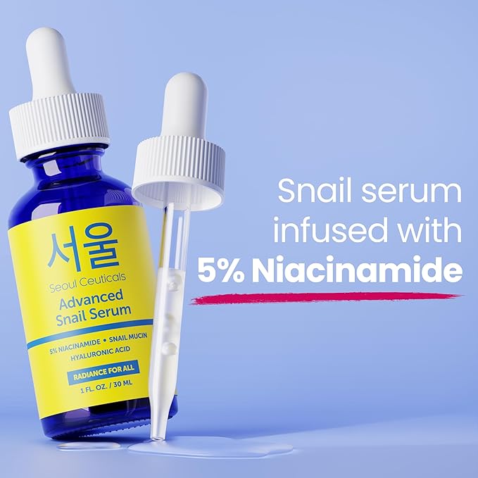 SeoulCeuticals Korean 5% Niacinamide + Snail Mucin 97.5% Essence Serum + Hyaluronic Acid, Cruelty Free Korean Skin Care, Natural & Organic Anti Aging Face Serum for Dull Skin, K Beauty 1oz