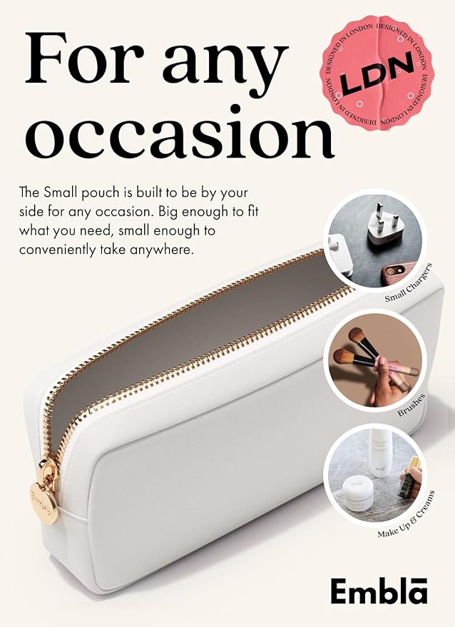 Embla Makeup Bag Travel Cosmetics Pouch and Toiletry Bag, Nylon Zipper Pouch Purse, Cute Make Up Organizer Storage Tote for Women Girls, Waterproof Travel Skincare Case, Small Makeup Bags, White