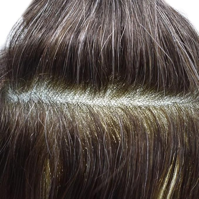 Toupee for Men French Lace Center Human Hair Replacement Systems Transparent Lace Center Hair Piece Mens Toupee Hair Units for Man V-Looped Male Hair Prosthesis 7"X9" #320 Dark Brown with 20% Gray