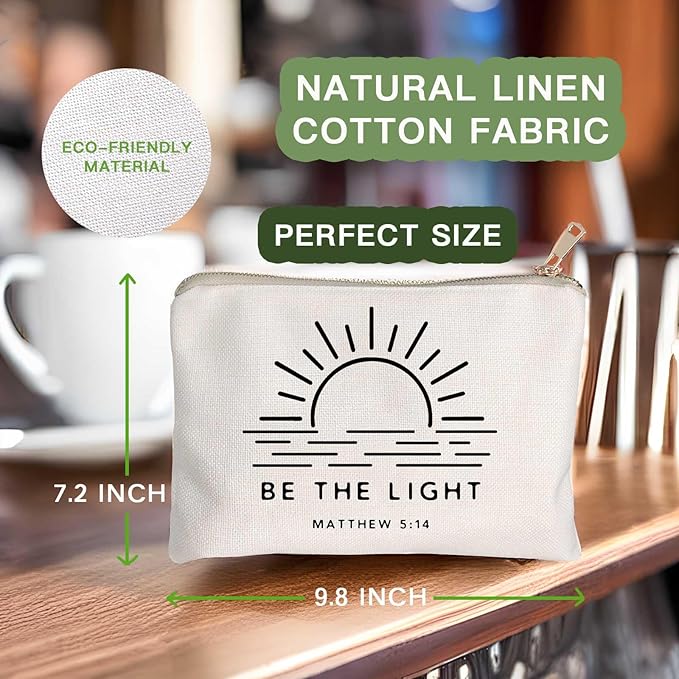 Be The Light Matthew 5:14 Gift Makeup Case Believe Cosmetic Bag Self Love Religious Makeup Pouch Linen Cotton Bag Vintage Christian Bible Verse Sunshine Inspirational Gift