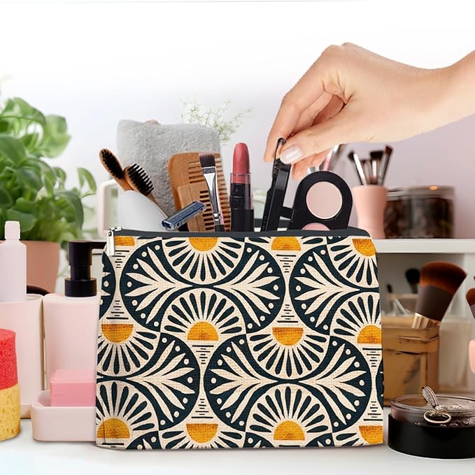 Boho Cosmetic Bag Sunset Leaf Aesthetic Zipper Makeup Pouch Small Makeup Bag (1Pcs)