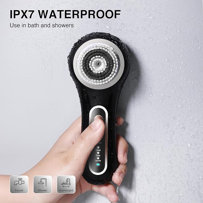 Face Scrubber Exfoliator, Rechargeable Facial Cleansing Brush with 2-Way Rotation & 3 Modes, 30-Day Runtime, 5 Brush Heads for SPA-Level Care, IPX7 Waterproof, Deep Cleaning for All Skin Types