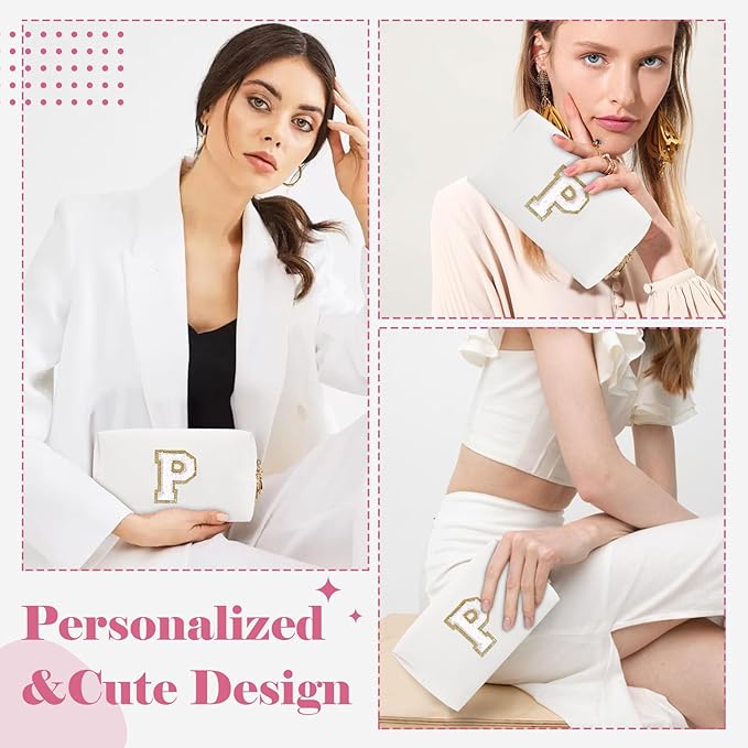 Small Personalized Initial A-Z Preppy Patch Makeup Bag,White PU Chenille Letter Travel Cosmetic Pouch with Zipper,Cute Toiletry Bag,Gift Ideal for Teen Girls Women Teacher Bridesmaid,Letter P