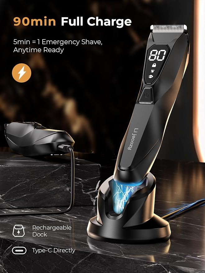 Body Hair Trimmer for Men - Pubic Hair Trimmer for Man - Electric Ball Shaver with Display & Light - Waterproof Wet/Dry Groomer kit for Groin - Wireless Charging - Ceramic Blade with 3 Comb