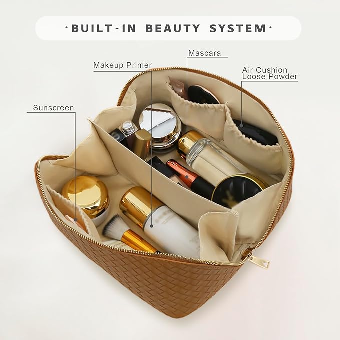 Travel Makeup Bag – Large Cosmetic Organizer with Waterproof PU Leather, Smooth Double Zipper & Tear-Resistant Lining, Toiletry Pouch for Women (Caramel)