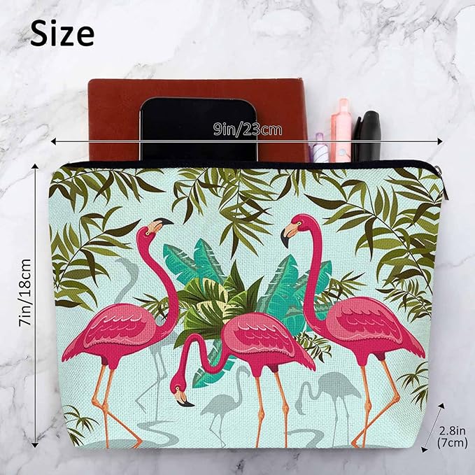 Women Makeup Organizer Bag Flamingo Exotic Flamingo Tropical Palms Flax Cosmetic Bag Makeup Bags Toiletry Bag Accessories Organizer Travel Bags For Home Bathroom Office Hotel Gym Pink Green