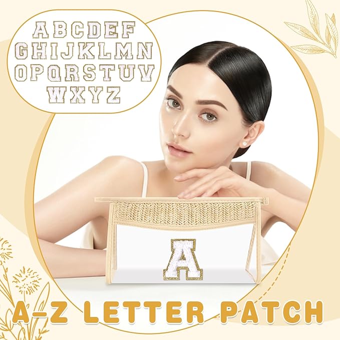 Personalized Initial Letter Bag Boho Straw Clear Makeup Bag,Small Cute Chenille Varsity Letter Bag With Zipper,Beach Travel Toiletry Bag,Portable Monogrammed Cosmetic Bag for Women Girls,A