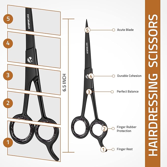 Utopia Care Hair Cutting and Hairdressing Scissors 6.5 Inch, Premium Stainless Steel shears with smooth Razor & Sharp Edge Blades, for Salons, Professional Barbers, Black