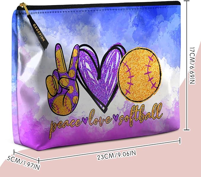 Cute Makeup Bag for Purse Waterproof Cosmetic Bags for Women Funny Smooth Zipper Travel Toiletry Pouch 10X8 Inches-Peace Love Softball Makeup pouch
