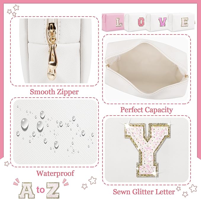Initial Letter Patch Makeup Bag, Preppy Glitter Letter Pouch Cosmetic Bag,Small PU Travel Toiletry Bag Zipper,Personalized Monogrammed Gift for Friends Sister,Cute Stuff for Women Teen Girls(Letter Y)