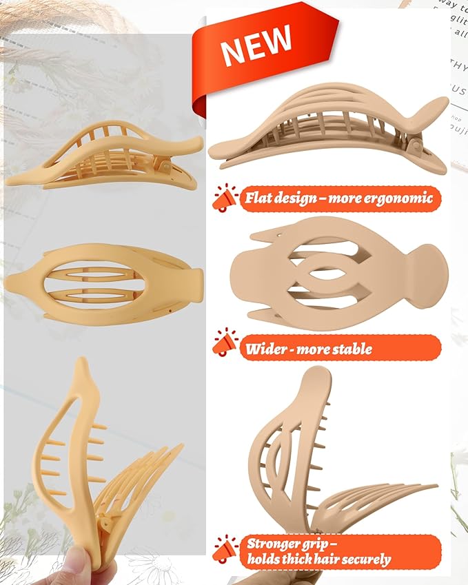 AWAYTR 6Pcs Upgrade Large Flat Hair Claw Clips for Women Girls, 5" Non-slip Duckbill Hair Clips for Long, Thick, Thin Hair, Comfortable for Driving & Lying Down (Matte (Neutral))