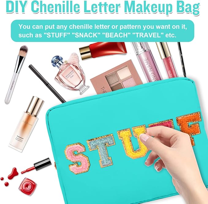 Nylon Large Makeup Bag Travel Pouch for Women, Preppy Big Makeup Bag Cute Cosmetic Zipper Pouch Purse, DIY Chenille Letter Bag Waterproof Toiletry Bag Clutch Make Up Organizer for Women Girls(Mint)