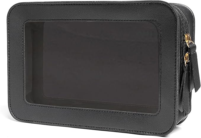 Clear and Waterproof Makeup Bag Portable Travel Cosmetic Case Organizer for Women Toiletry Pouch with Transparent Vinyl Windows & Zippers (Black)