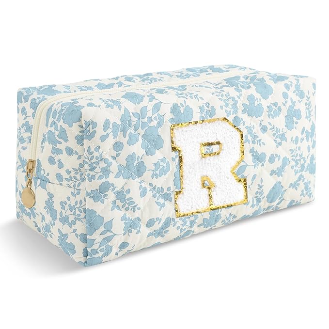 Personalized Quilted Cosmetic Bag, Puffy Monogrammed Christmas Birthday Gifts for Women & Girls, Cute initial Floral Makeup Bag Puffer Coquette Bag, Aesthetic Travel Toiletry Zipper Pouch(Blue,R)