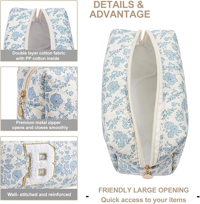Gleyemor Personalized Initial Makeup Bag for Women, Cute Quilted Blue Floral Cotton Cosmetic Bag, Christmas Gifts for Her Mom Friend Sister Bridesmaid Teacher Women B