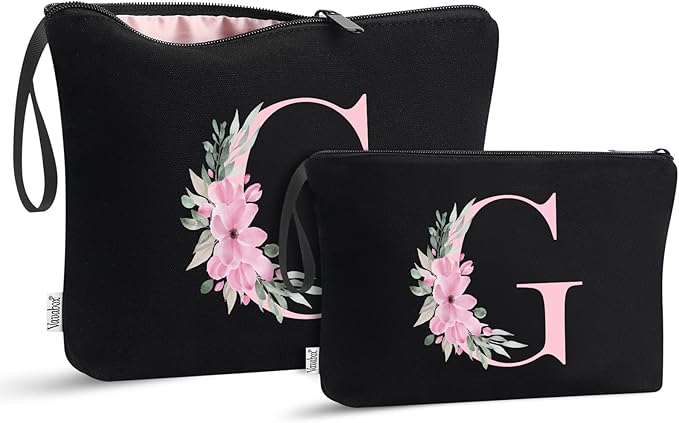 Vavabox A-Z Personalized Makeup Bag, Birthday Gifts for Women Mom, Gifts for Best Friend, Bride Bridesmaid Cosmetic bag (G, 04-Black Set)