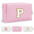 Personalized Initial A-Z Preppy Patch Makeup Bag,Small PU Chenille Letter Cosmetic Bag with Zipper for Teen Girls,Pink Cute Toiletry Organizer Bag,Monogram Makeup Case Gift for Women Girls,Letter P