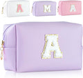 MSQ Personalized Makeup Bag Initial A-Z Patch Bag, PU Leather Cosmetic Bag Pouch Travel Toiletry Bag with Zipper, Gift Ideal for Teen Girls Friend Mom Women Birthday(Purple A)