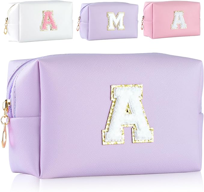 MSQ Personalized Makeup Bag Initial A-Z Patch Bag, PU Leather Cosmetic Bag Pouch Travel Toiletry Bag with Zipper, Gift Ideal for Teen Girls Friend Mom Women Birthday(Purple A)