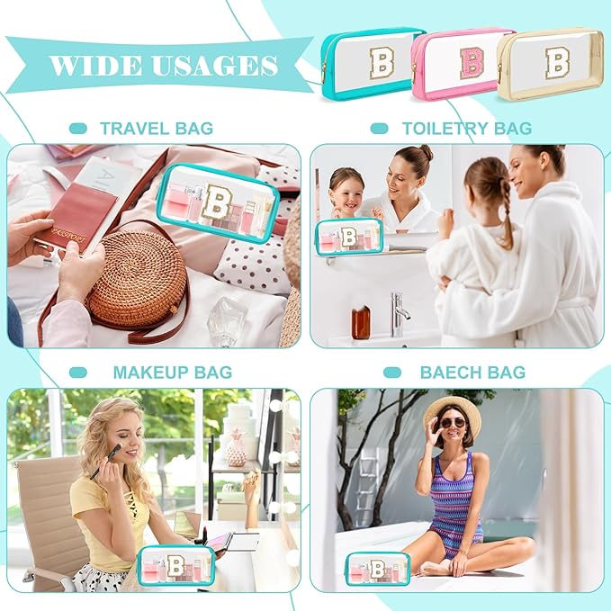 Personalized Initial Letter Clear Makeup Bag,Preppy Small Nylon&PVC Cosmetic Zipper Bag with Chenille Letter,Portable Beach Travel Skincare Toiletry Bag,Trendy Monogram Gift for Teen Girls Women,B