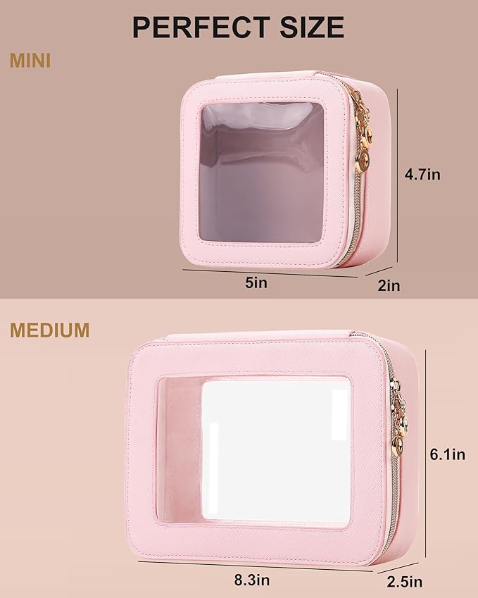 Leather Clear Makeup Bags Set - Travel Clear Cosmetic Bag Case with Zipper, Transparent TSA Approved Toiletry Bags for Travel Essentials Car Accessories for Women (Pink, S+M)