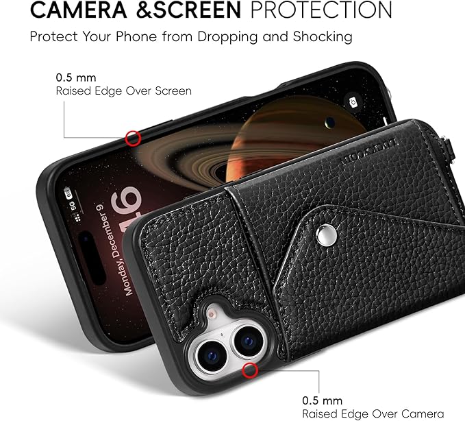 LUCKYCOIN Crossbody Wallet Phone Case for iPhone 17,100% Genuine Leather Wallet Phone Case with Expandable Flip Card Holder,Phone Purse for Women with Adjustable Removable Strap - Pebble Black