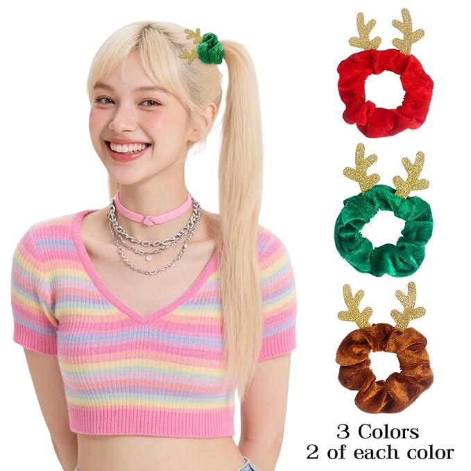 Christmas Hair Scrunchies, 6Pcs Reindeer Antler Hair Ties Velvet Scrunchies Elastic Christmas Ponytail Holder Red Green Brown Hair Ties for Women Girls Xmas Accessories