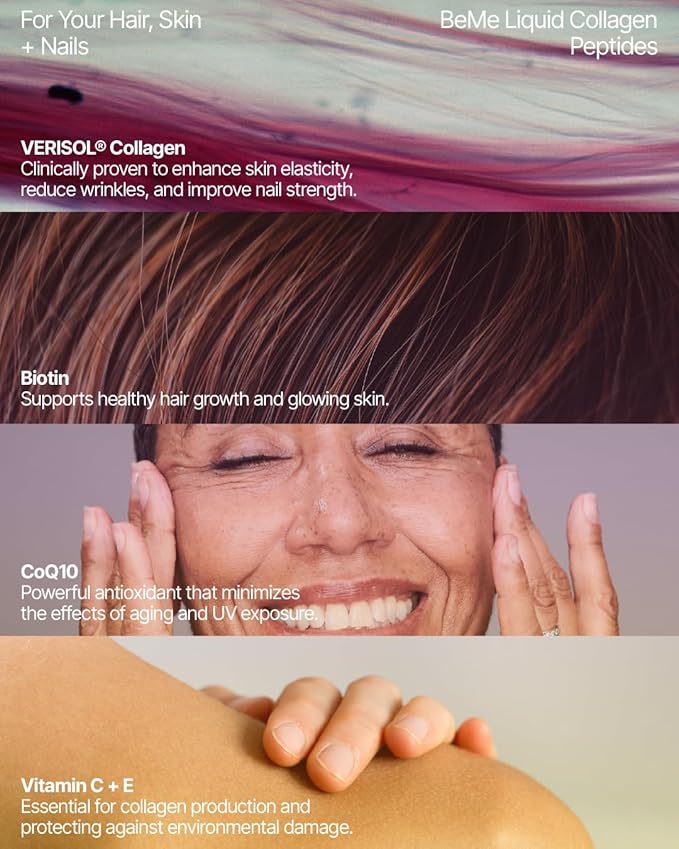 BeMe Liquid Collagen for Women - 2500mg Verisol hydrolyzed Marine Liquid Collagen - Clinically Tested Collagen Supplements - Quick Absorption, high bioavailability - Supports Skin, Hair & Nails