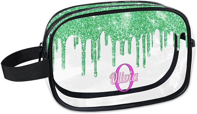 Personalized Name Toiletry Bag, Transparent PVC Large Travel Cosmetic Bag Portable Makeup Organizer Bag for Women Bathroom Shower Essentials, Water Flow Shape Lime Green Glitters