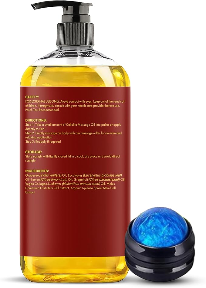 MAJESTIC PURE Massage Oil for Massage Therapy - Refreshing, and Relaxing - Natural Oils - for All Skin Types - Men and Women (8 Fl Oz, Cellulite Massage Oil with Roller)