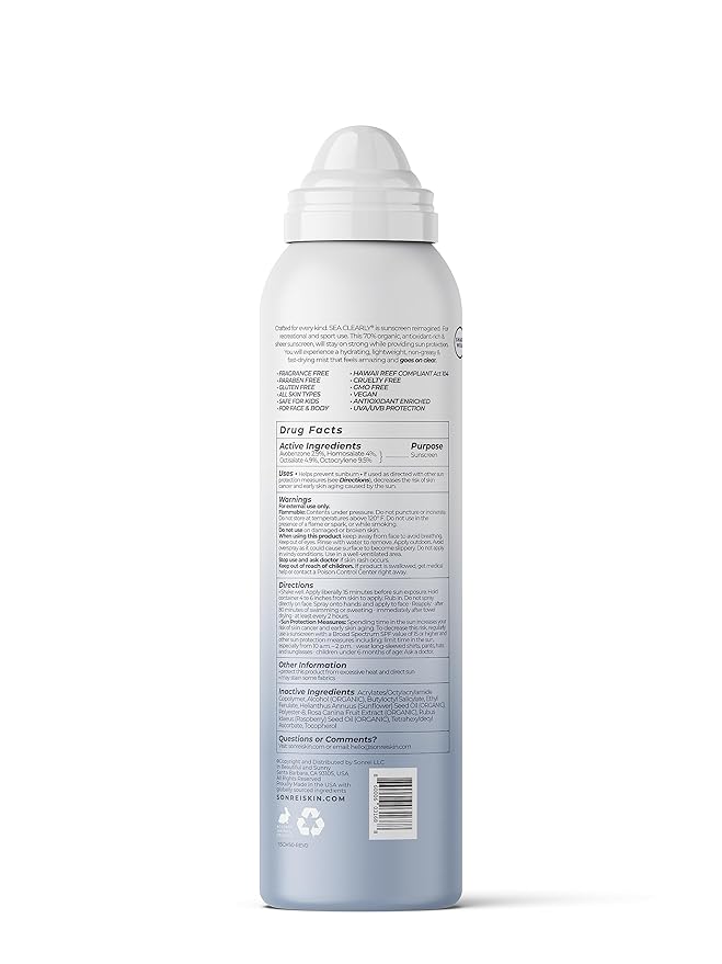 Sonrei Sea Clearly® Organic Mist Sunscreen | SPF 50, Broad Spectrum, Water-Resistant | Vegan, Non-Greasy | Ideal for Face & Body | 6 Fl Oz (Pack of 2)