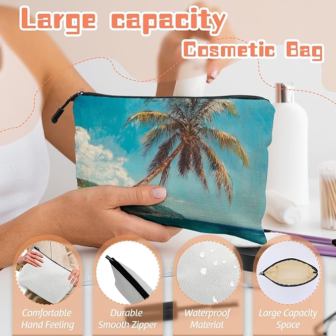 Cosmetic Bags Travel Makeup Toilet Case Waterproof Pouch for Women Girls 6.7X9.45inches - Tilted Coconut Tree on A Tropical Beach