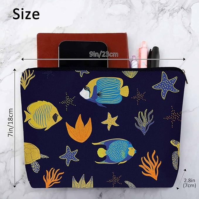 Sea Animal Makeup Bags Makeup Organizer, Ocean Sea Turtle Starfish Seaweed Flax Toiletry Bags Travel Cosmetic Bag Makeup Purse Pouch Skincare Bag Wallet Bags For Women Female Mom Daughter
