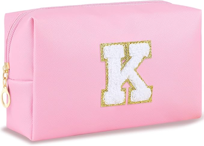 Initial Preppy Makeup Bag Travel Small Cosmetic Bag Cute Pink Personalized Preppy Makeup Pouch Zippered PU Toiletry Bag Christmas Birthday Gifts for Women Mom Teacher Friends(K)