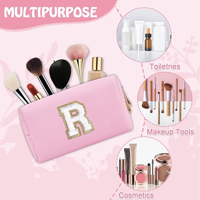 Small Travel Initial Preppy Makeup Bag, Personalized Pink Cute Cosmetic Organizer Chenille Letter Travel Toiltery Zipper Pouch, Monogram Makeup Storage Gifts for Friend Her Birthday Women(Letter R)