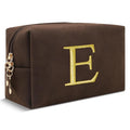 Personalized Initial Makeup Bag,Preppy Suede Cosmetic Bag for Teen Girls,Small Monogram Travel Toiletry Bag With Gold Embroidered Letter,Trendy Stuff Custom Christmas Gift for Women(Coffee-E)